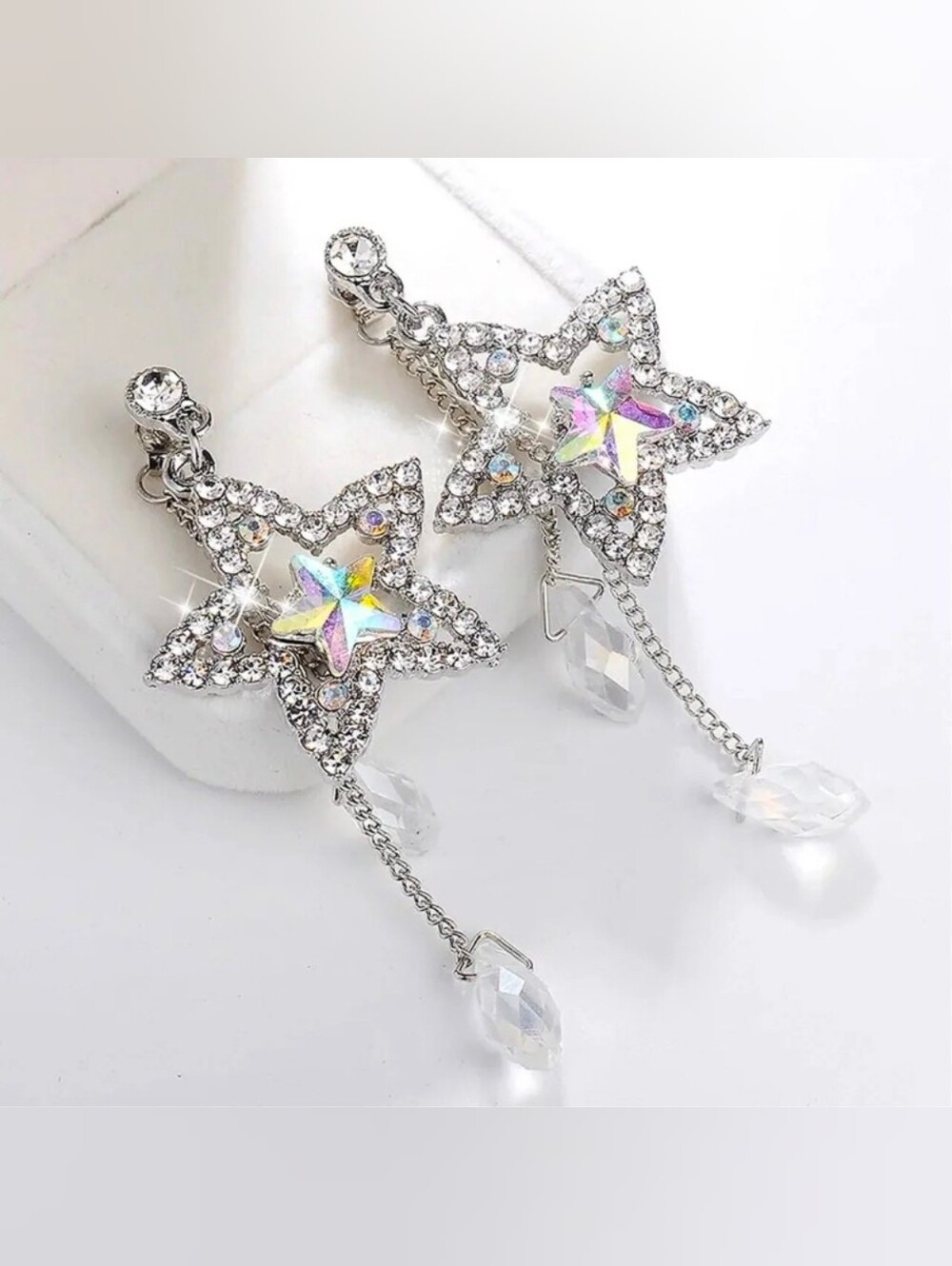 Silver plated iridescent crystal star drop earrings with silver post